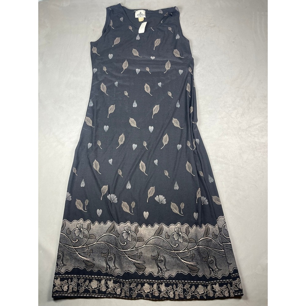 Jananas Vintage Sleeveless Maxi Dress Black Leaf Heart Floral Border XXL USA